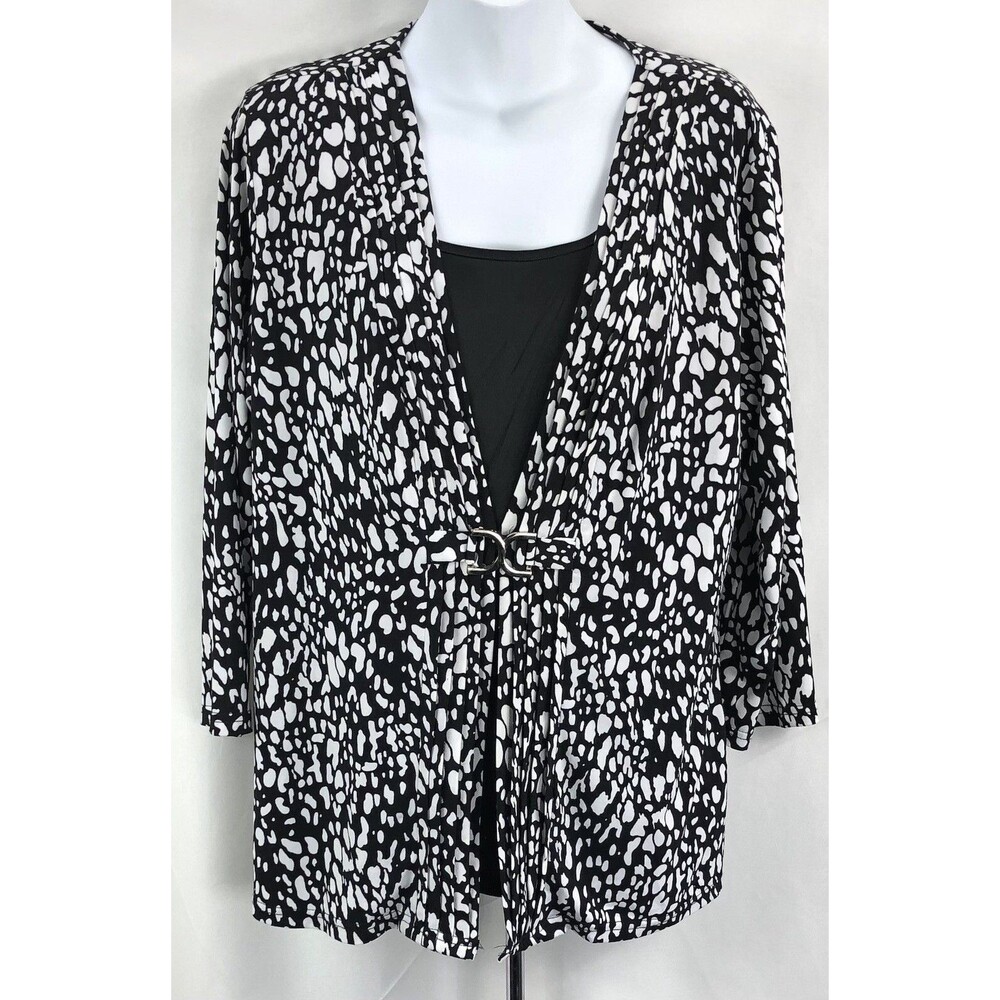 ByDesign Combo TwinSet Top L Blk Wht Cow Animal Print Charm Pleated 3/4 Sleeves